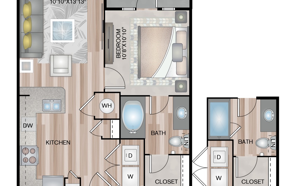 A1.P6 - 1 bedroom floorplan layout with 1 bathroom and 574 square feet